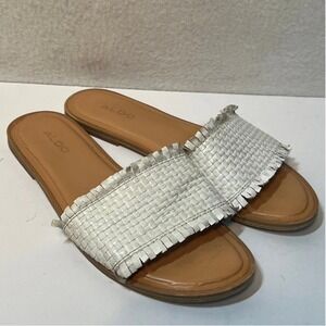Aldo Womens Woven Fringe Slide Sandals White Tan Flat Open Toe US 6.5 EUR 37